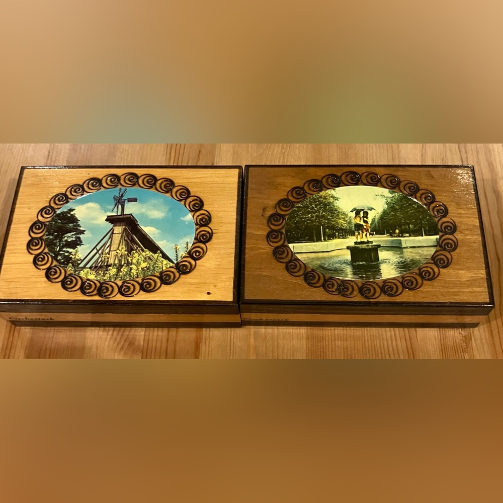 Vintage, GUC Set of 2 Polish Decorative Wooden Boxes from Ciechocinek